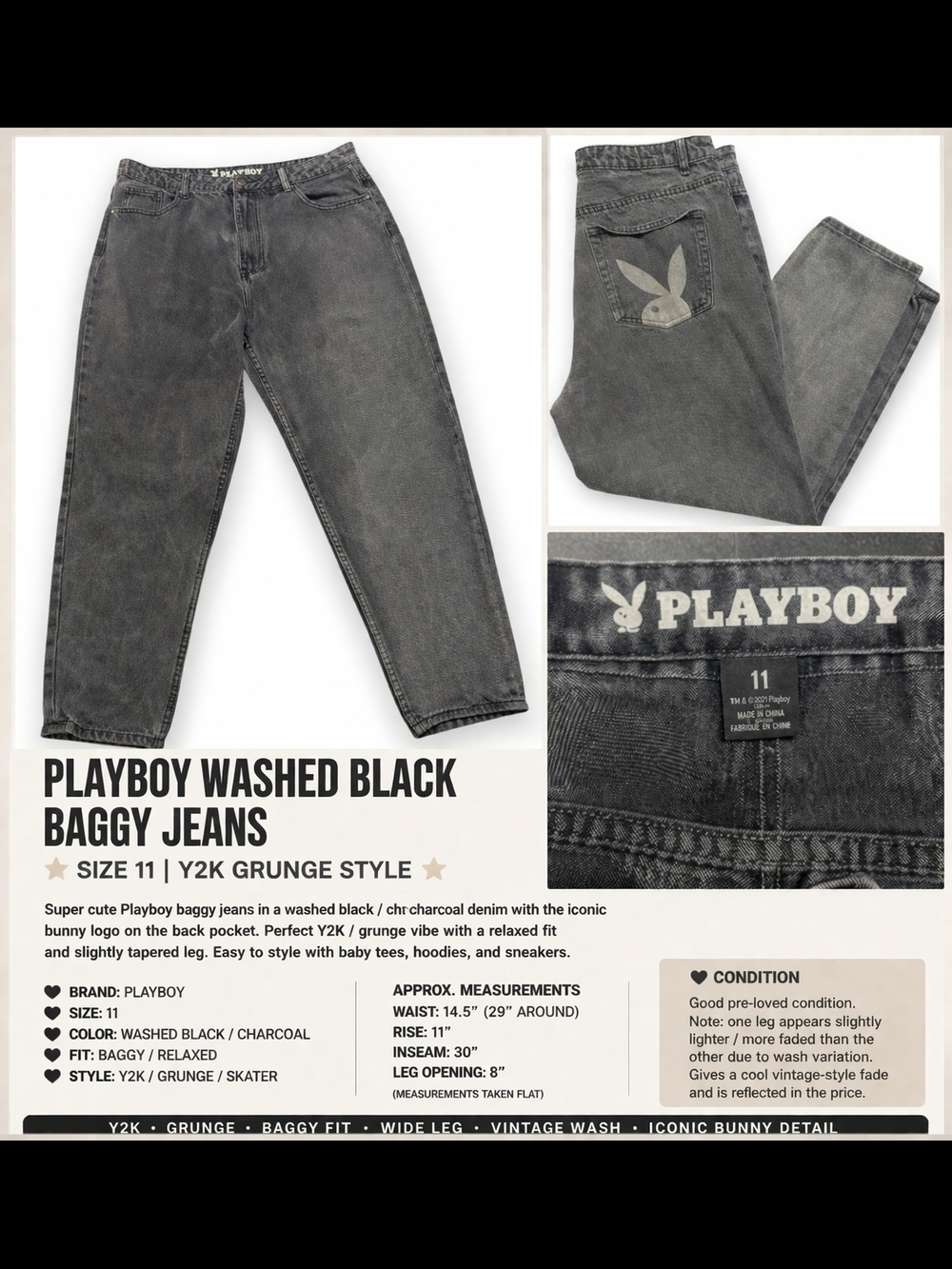PLAYBOY Washed Charcoal Baggy Jeans - Charcoal
